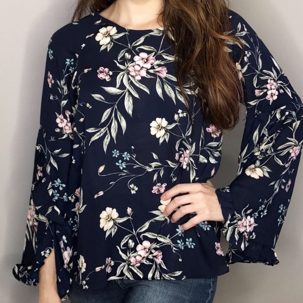 Floral Navy Bell Sleeve Blouse - Picture 8 of 8
